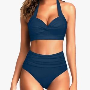 Two Piece Vintage Swimsuit Retro Halter Ruched High Waist Bikini with Bottom NWT